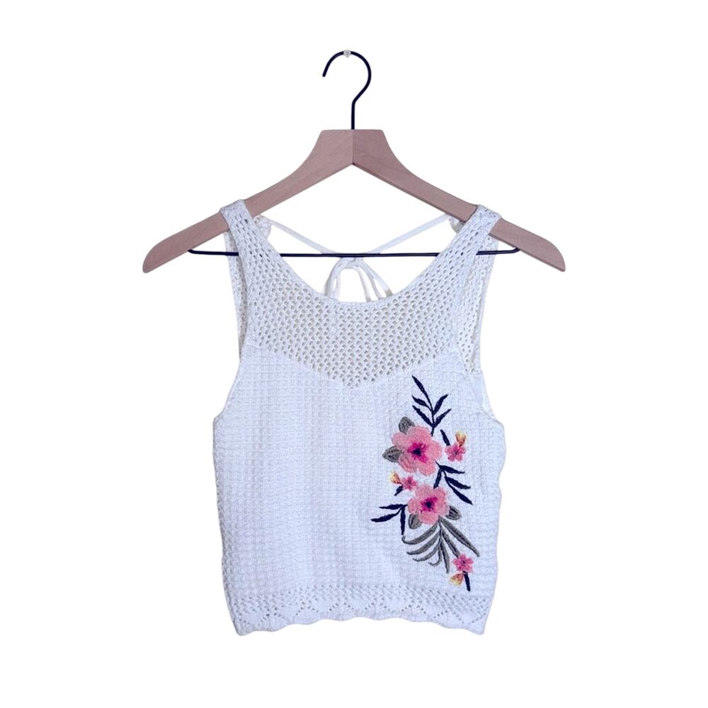 Hollister White Crochet Tank with Pink Floral Embroidery